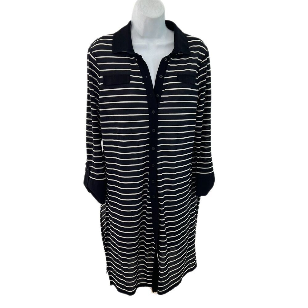 Chicos Women Size 1 Medium Button Front Duster Lightweight Black Stripped
